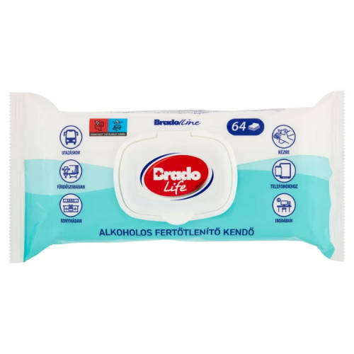Bradolife alkoholos fertőtlenítő kendő 64 db kupakos