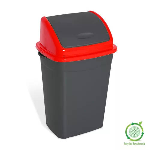 Billenőfedeles szemetes kuka, műanyag, antarcit/piros, 50 literes